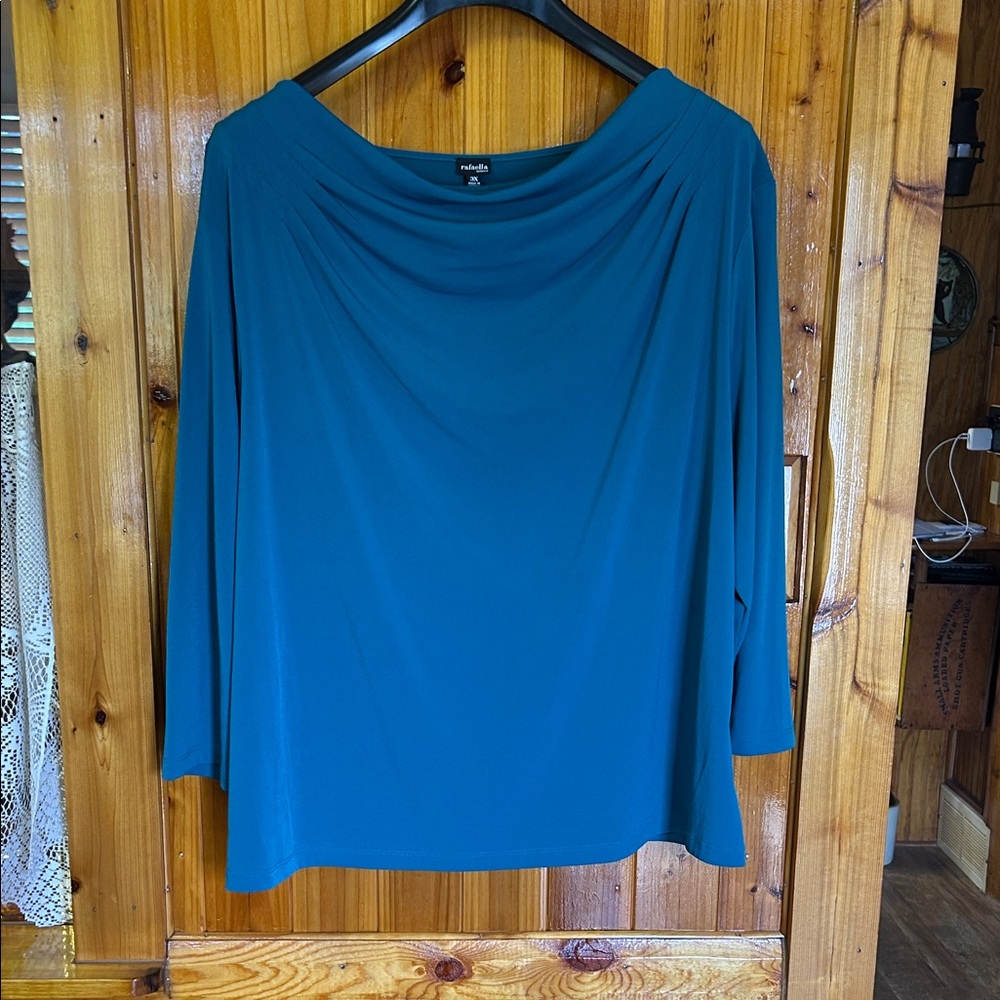 Rafaella Teal Draped Boatneck Three Quarter Length Sleeve Top